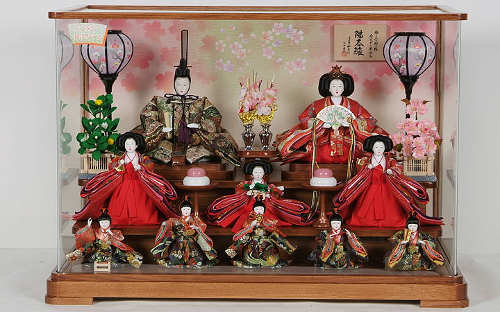 裕光作 陽春雛十人揃木目塗りパノラマケース飾り | ひな人形・五月人形
